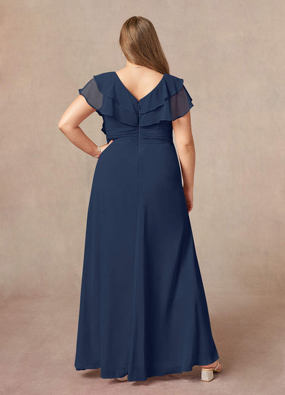 Dark Navy A-Line V-Neck Ruched Chiffon Dress