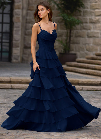 Floralace Navy Ruffled A-Line Prom Dress
