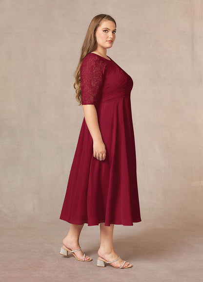 Burgundy A-Line Scoop lace Chiffon Dress