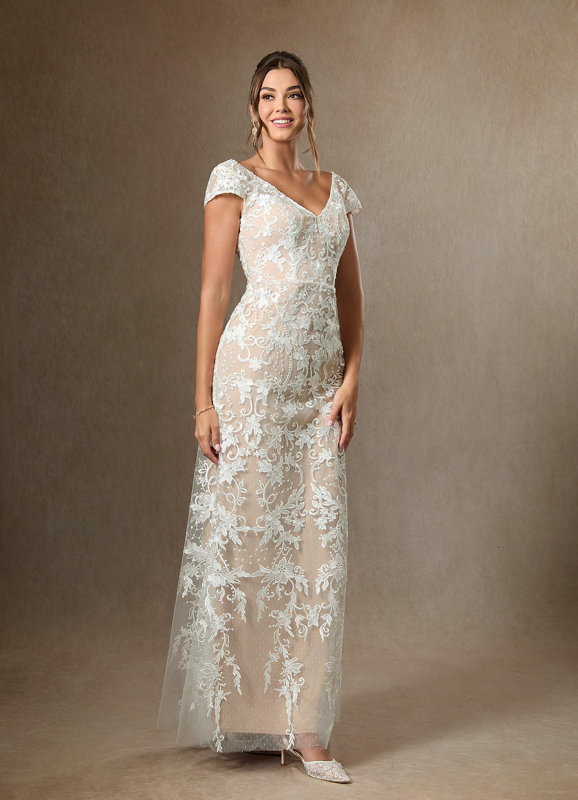 Diamond White Champagne Sheath V-Neck Sequins Lace Dress