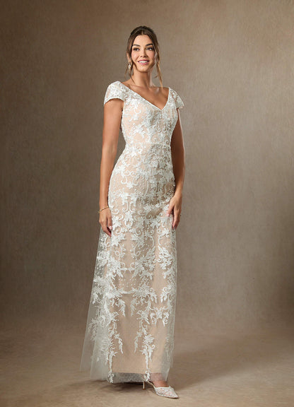 Diamond White Champagne Sheath V-Neck Sequins Lace Dress