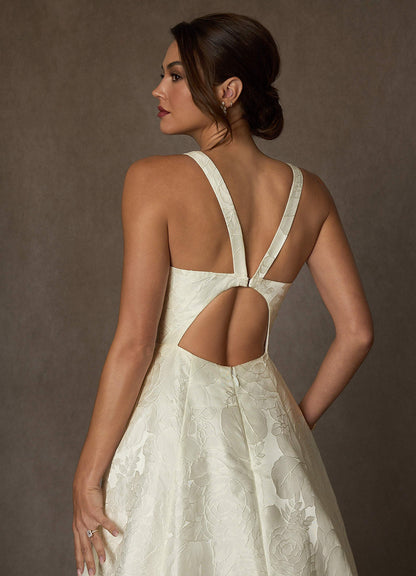 Antique White Ball-Gown Strap Floral Jacquard Dress