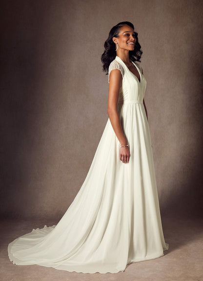 Cream A-Line Pleated Chiffon Dress