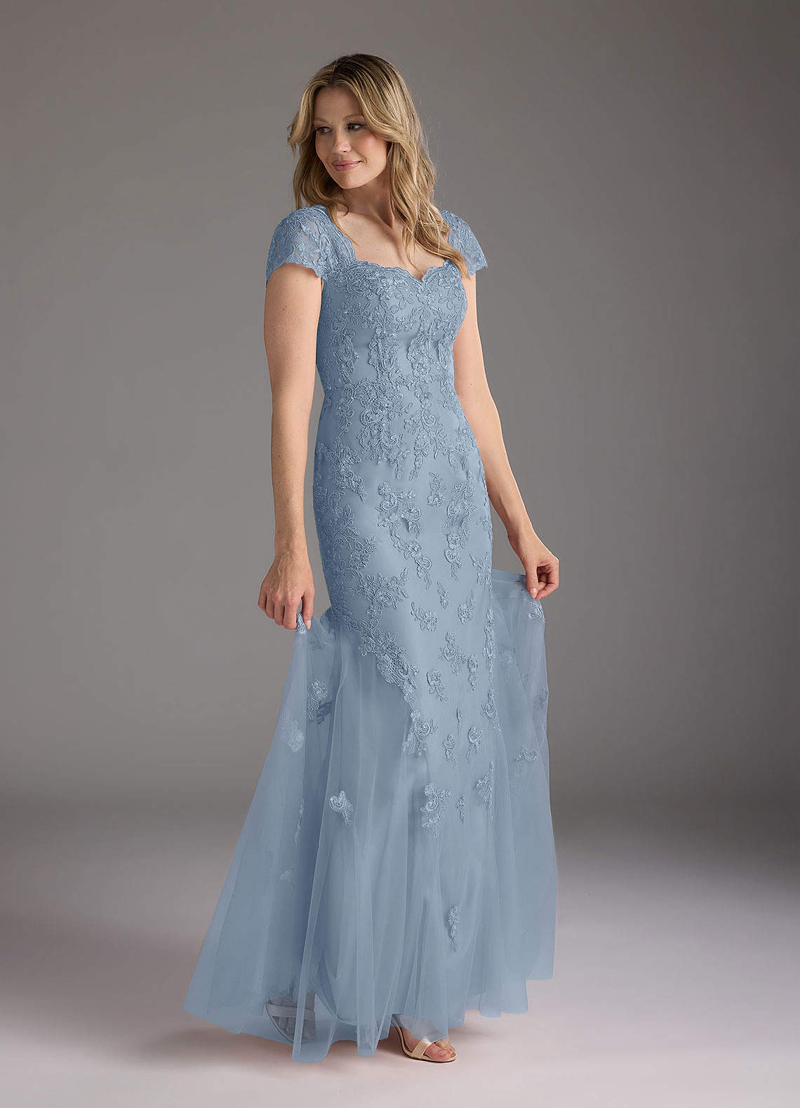 Dusty Blue Mermaid Queen Anne Sequins Lace Dress