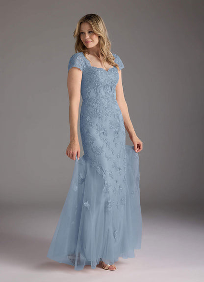 Dusty Blue Mermaid Queen Anne Sequins Lace Dress
