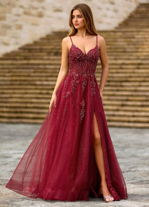 Milliener Burgundy Tulle Flowers Prom Dress