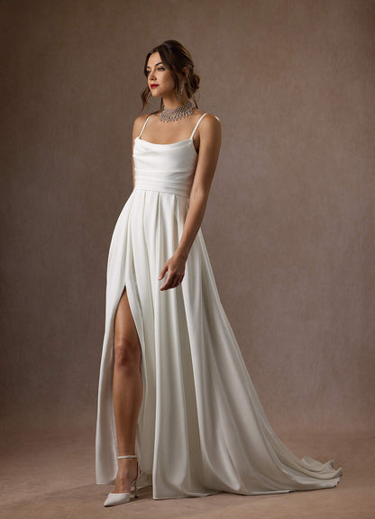 Diamond White A-Line Scoop Pleated Crepe Back Satin Dress