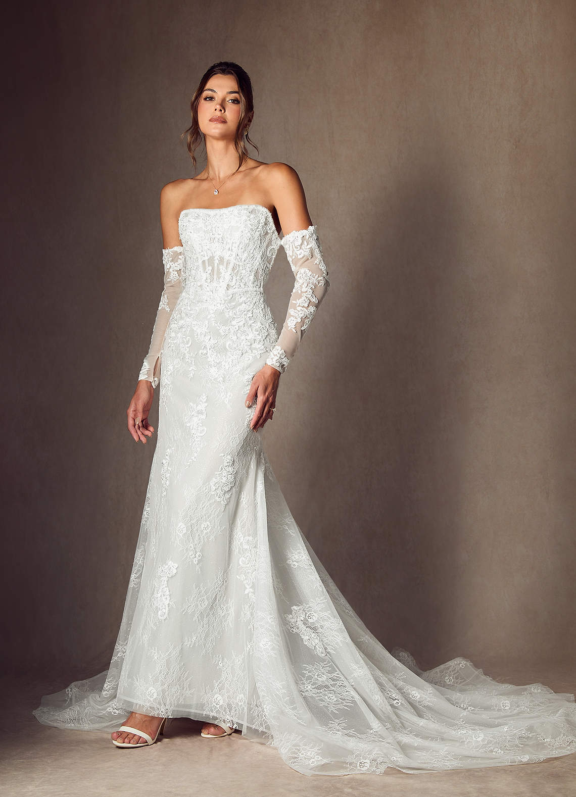 Diamond White Mermaid Strapless Lace Dress