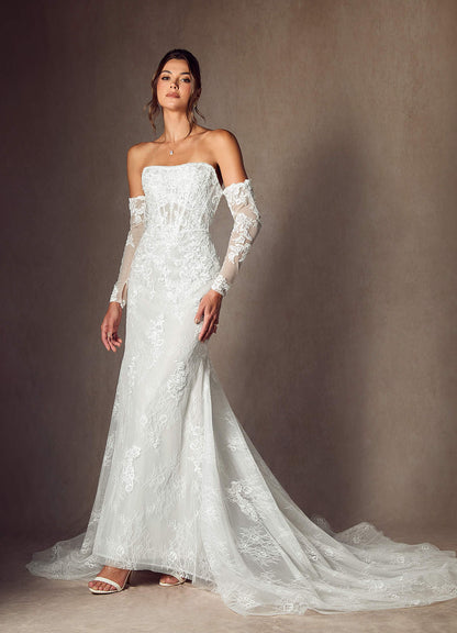 Diamond White Mermaid Strapless Lace Dress