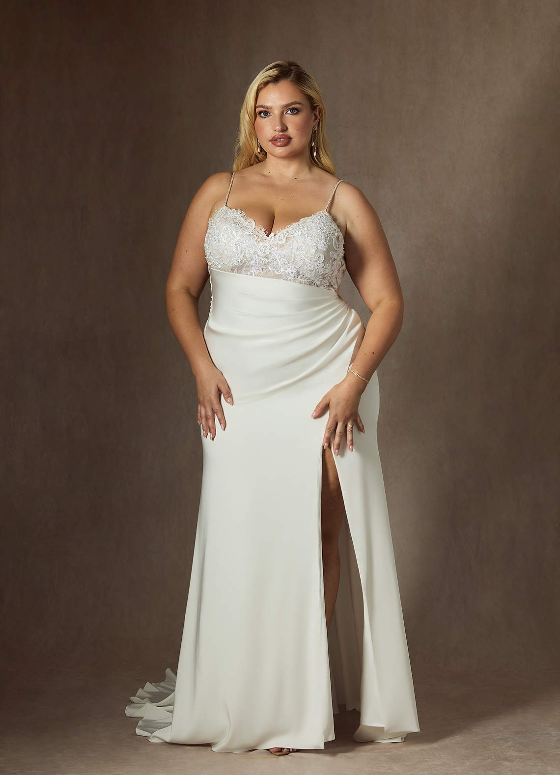 Diamond White Mermaid V-Neck Sequins Stretch Satin Dress