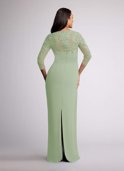 Dusty Sage Sheath V-Neck Lace Chiffon Dress