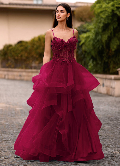 Dreama Burgundy Lace Corset Ruffle Prom Dress  Dress