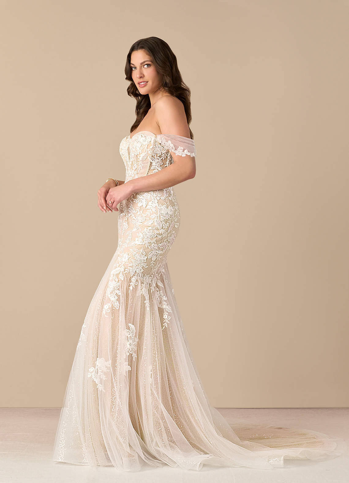 Diamond White Champagne Mermaid Sequins Tulle Dress