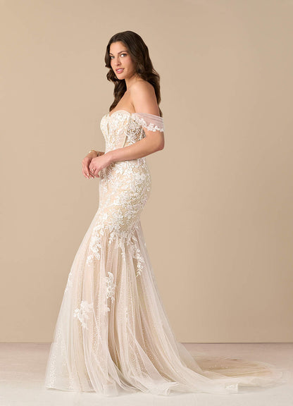 Diamond White Champagne Mermaid Sequins Tulle Dress