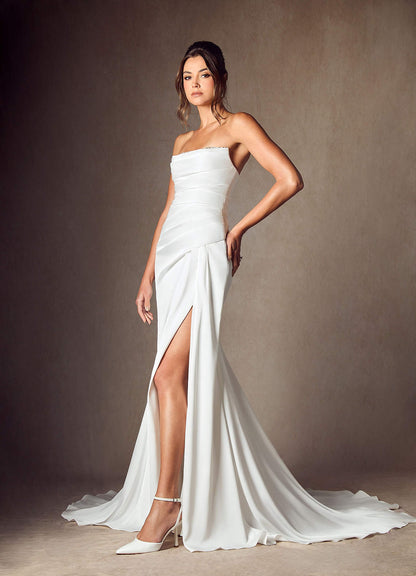 Diamond White Mermaid Strapless Stretch Satin Dress