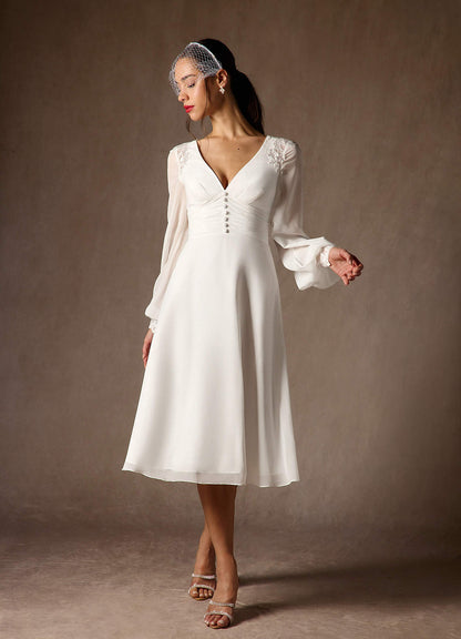 Diamond White A-Line V-Neck Lace Chiffon Dress