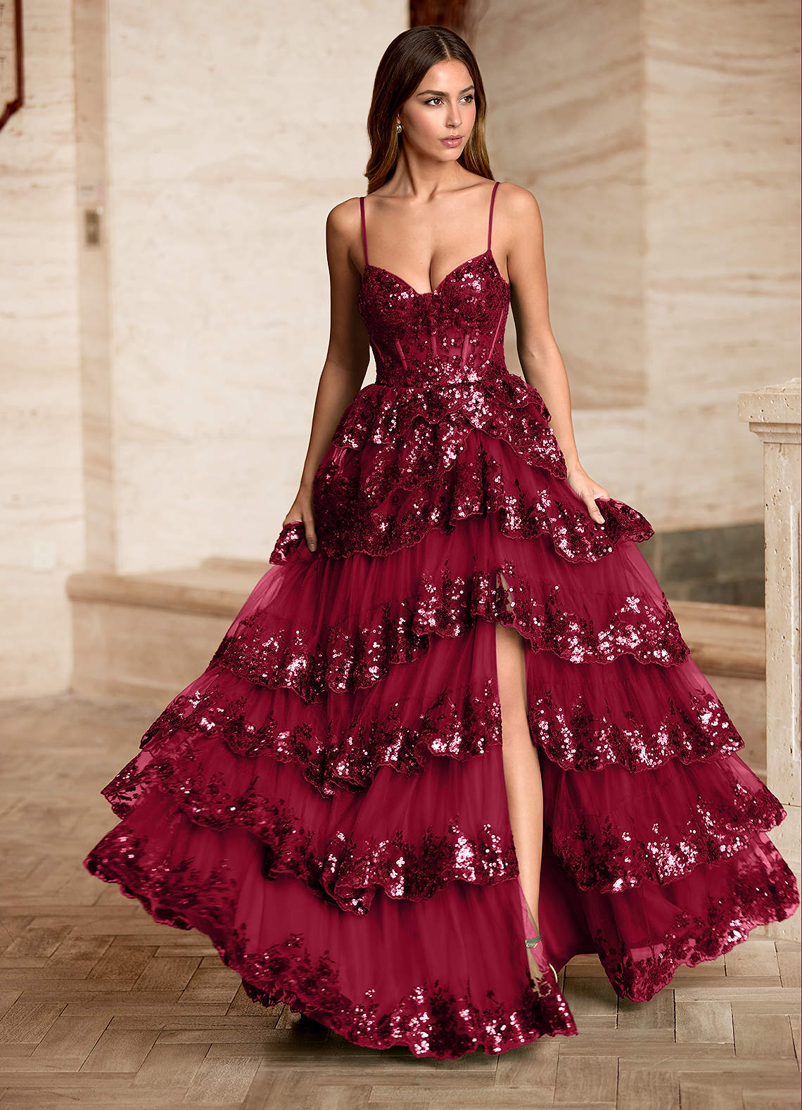 Tindra Burgundy Sequins Ruffles Prom Dress  Dress