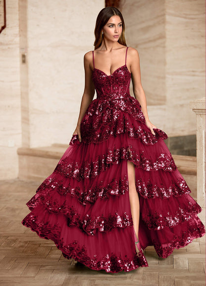 Tindra Burgundy Sequins Ruffles Prom Dress  Dress