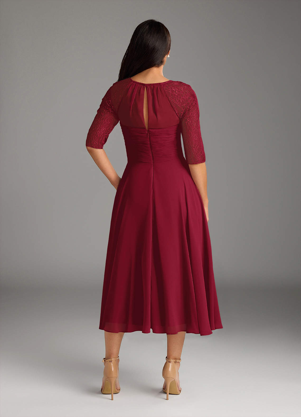 Burgundy A-Line Scoop lace Chiffon Dress