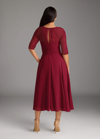 Burgundy A-Line Scoop lace Chiffon Dress