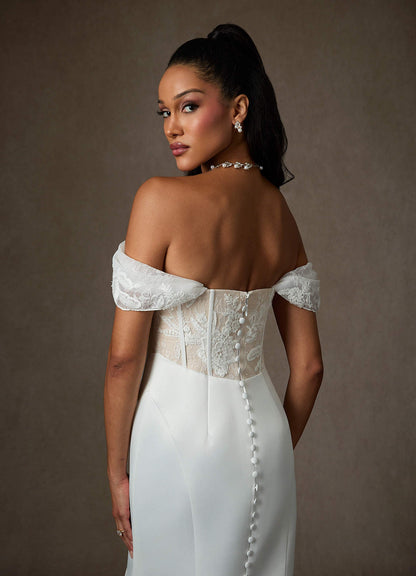 Diamond White Champagne Mermaid Off the Shoulder Satin Dress