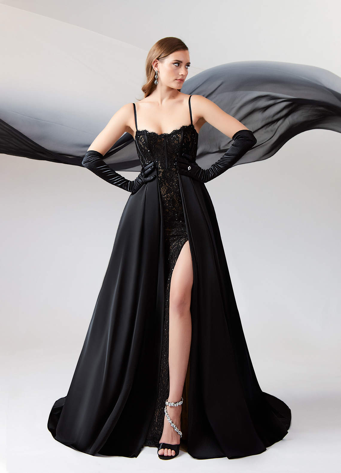 Black Nude A-Line Sequins Stretch Satin Dress
