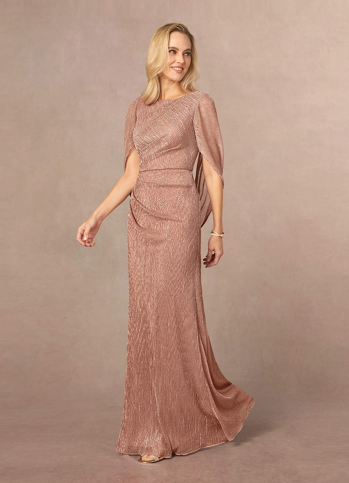 Rose Gold Sheath Pleated Cape Metallic Mesh Dress