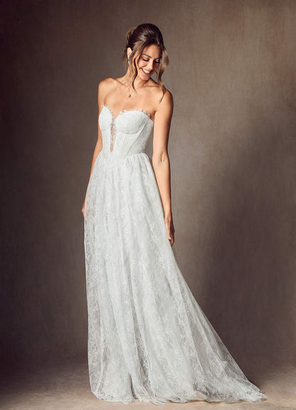 Diamond White A-Line Strapless Lace Dress