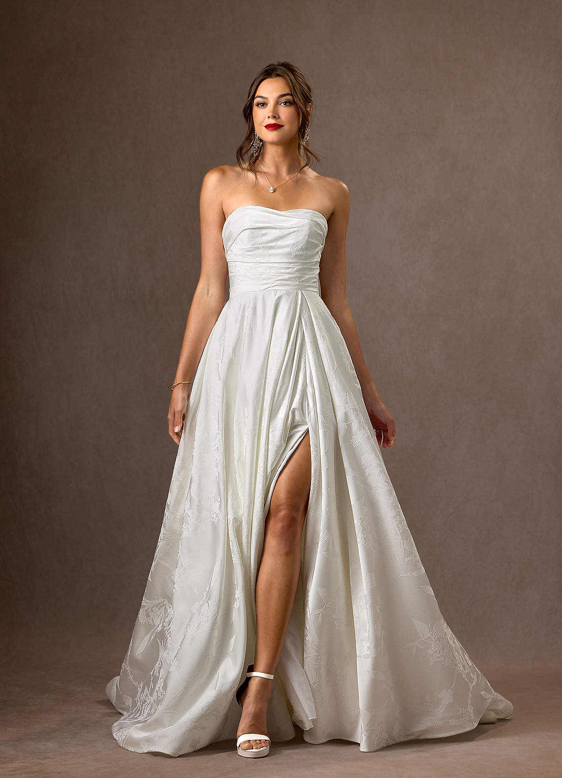 Diamond White A-Line Strapless Floral Jacquard Dress