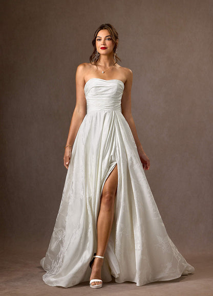 Diamond White A-Line Strapless Floral Jacquard Dress