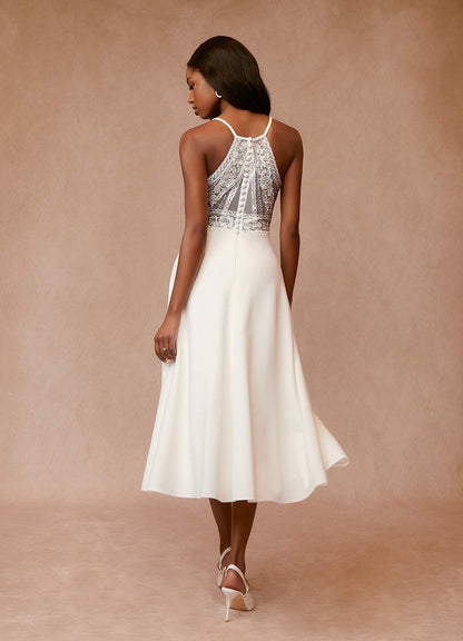 Diamond White A-Line Sequins Stretch Crepe Dress