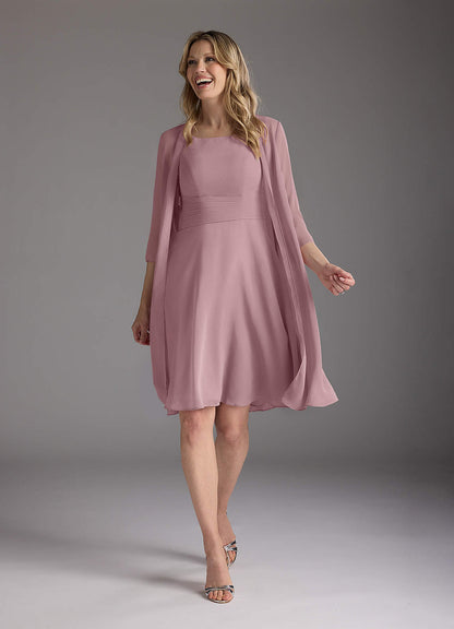 Dusty Rose A-Line Scoop Pleated Chiffon Dress