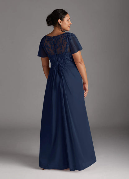 Dark Navy A-Line V-Neck Lace Chiffon Dress