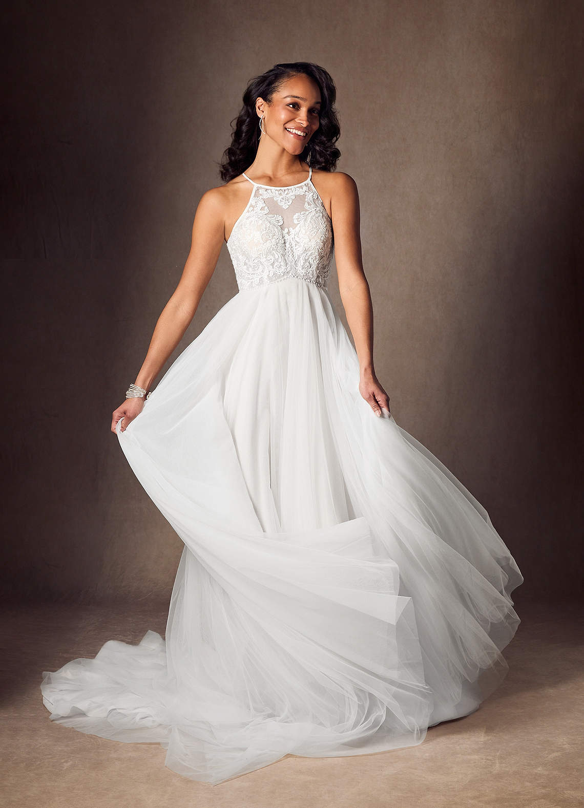 Diamond White A-Line Halter Sequins Tulle Dress