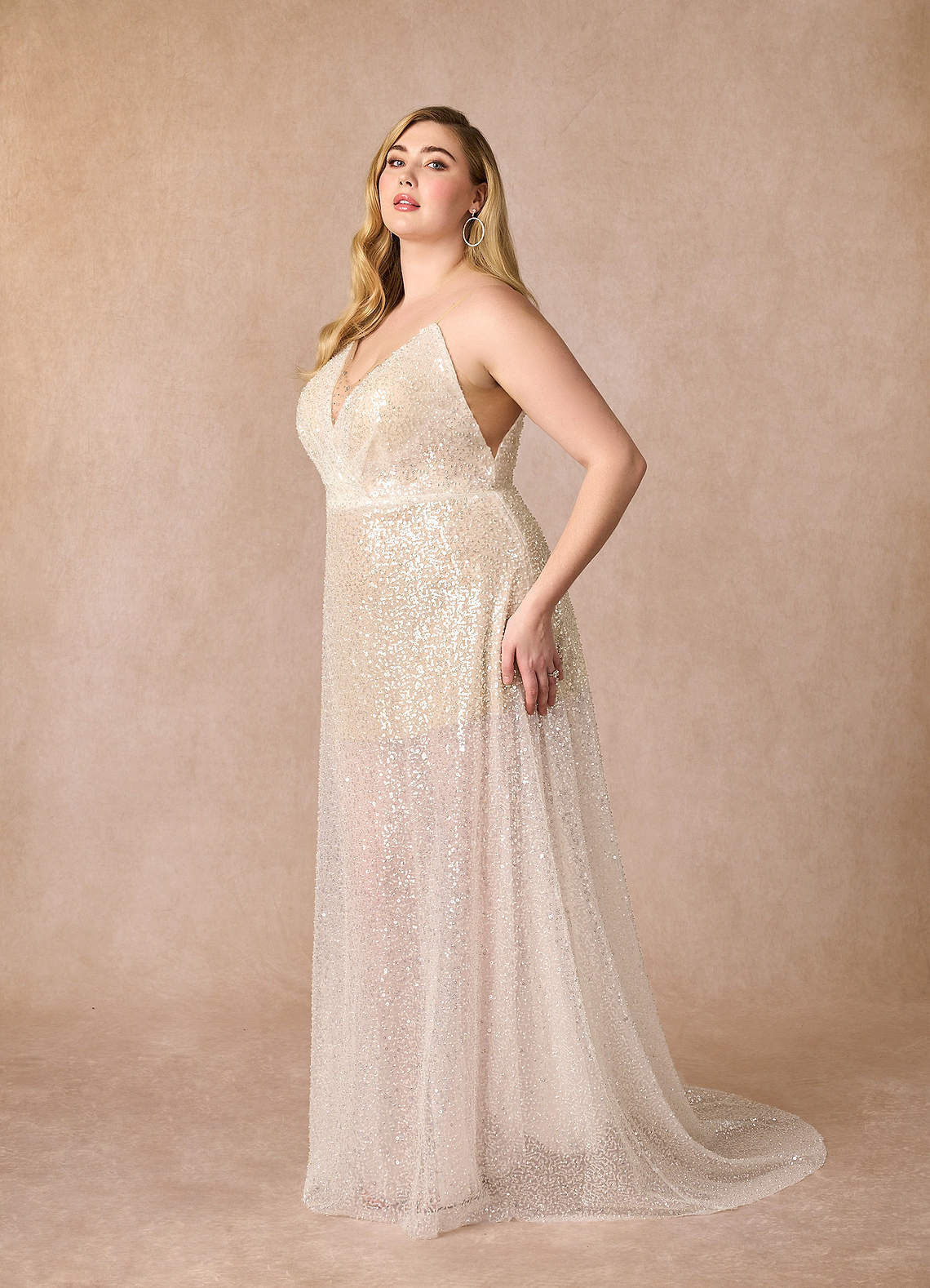 Diamond White Champagne A-Line V-Neck Sequins Sequins Dress