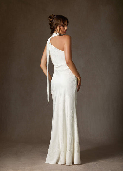 Diamond White Sheath One Shoulder Floral Jacquard Dress