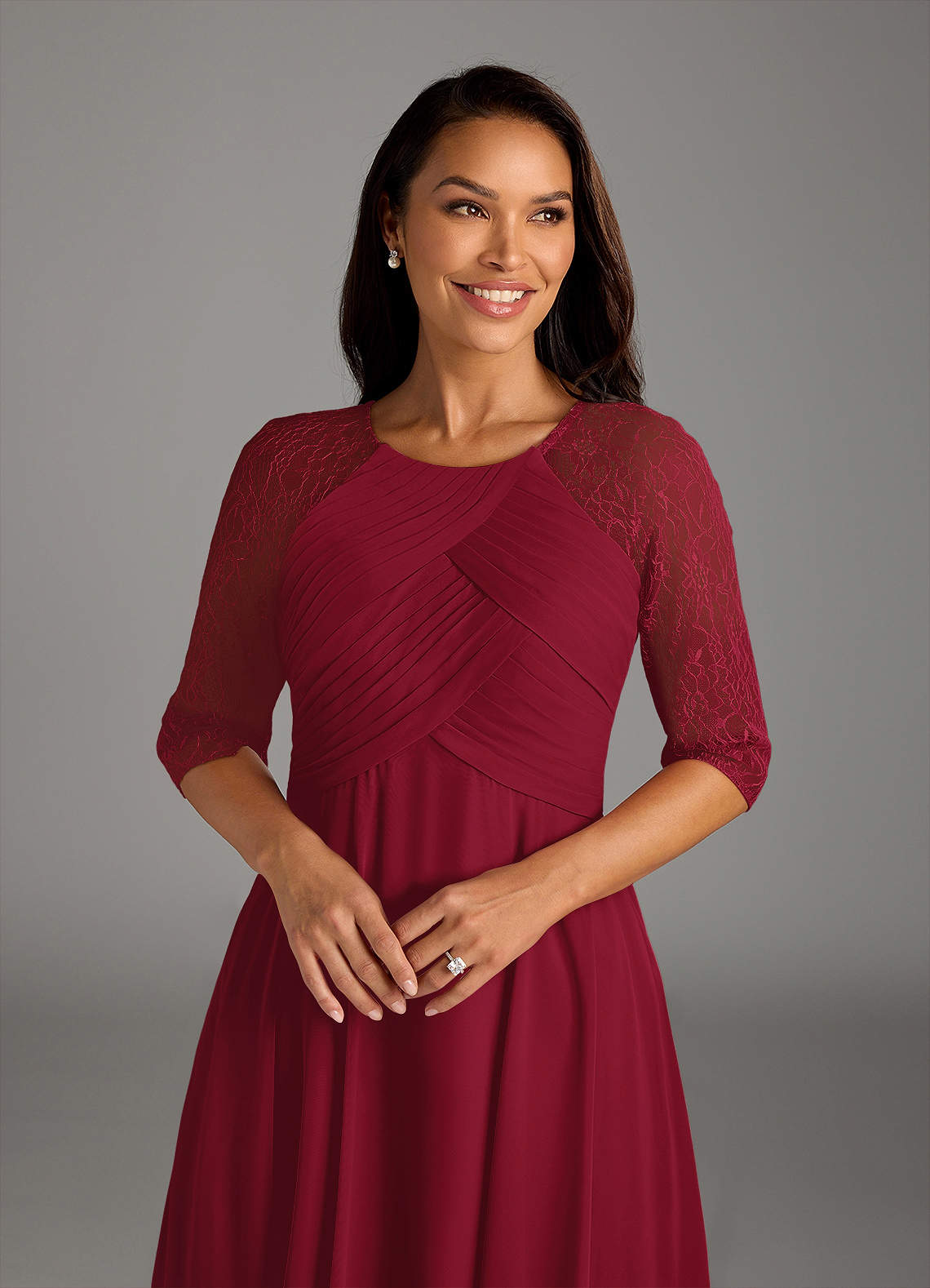 Burgundy A-Line Scoop lace Chiffon Dress