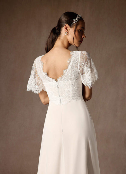 Diamond White Champagne A-Line V-Neck lace Chiffon Dress