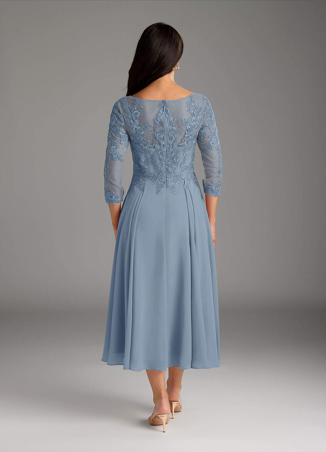 Dusty Blue A-Line Scoop Lace Chiffon Dress