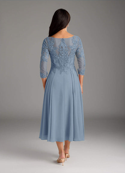 Dusty Blue A-Line Scoop Lace Chiffon Dress