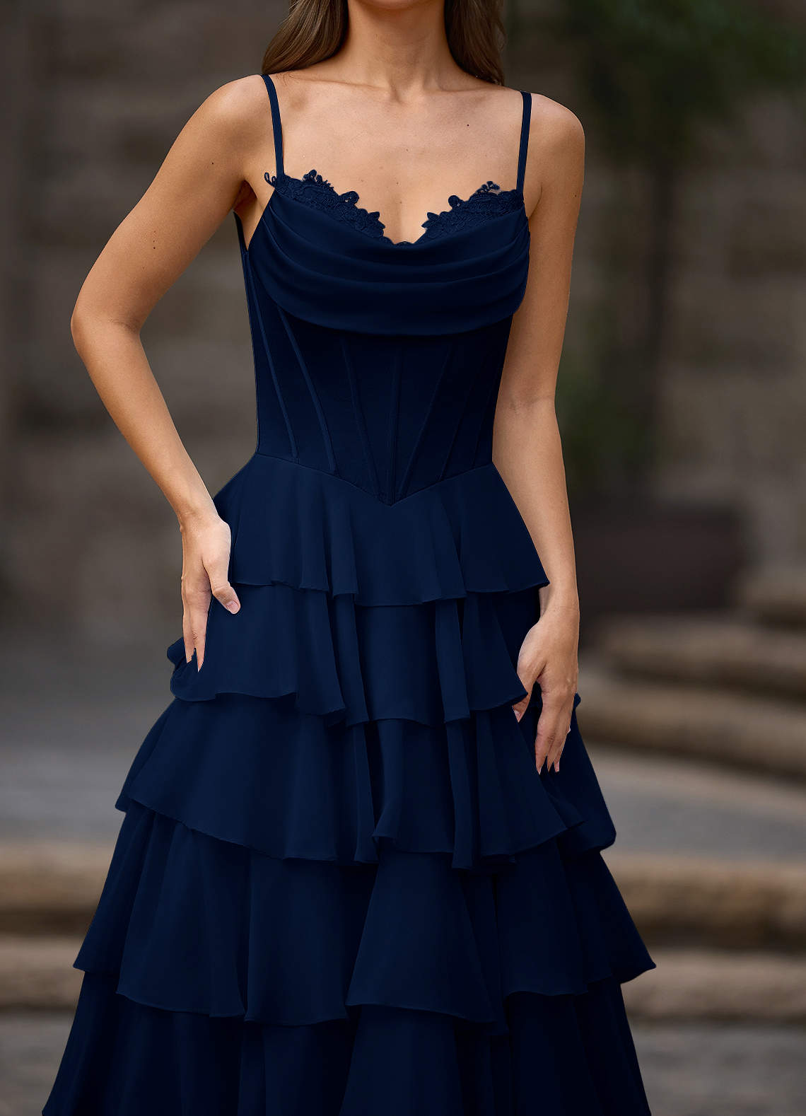 Floralace Navy Ruffled A-Line Prom Dress