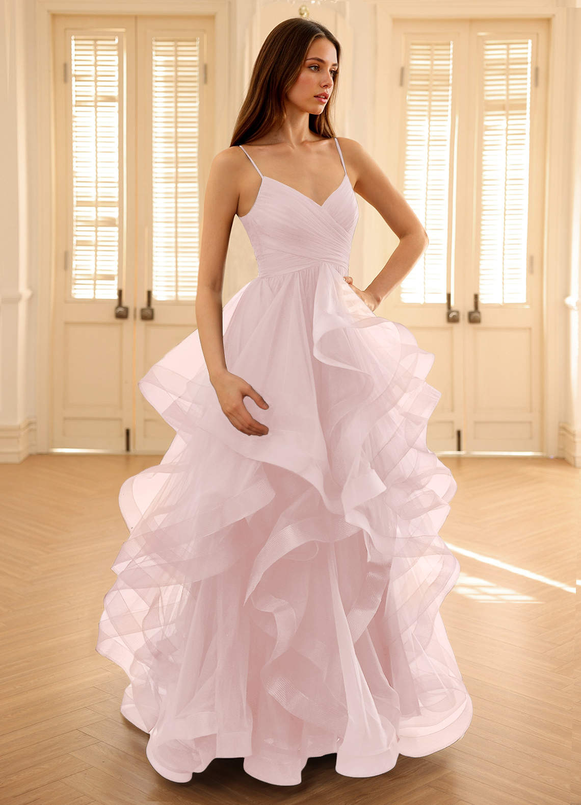 Carmencita Powder Pink A-Line Ruffles Prom Dress