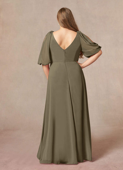 Willow Green A-Line V-Neck Ruched Chiffon Dress