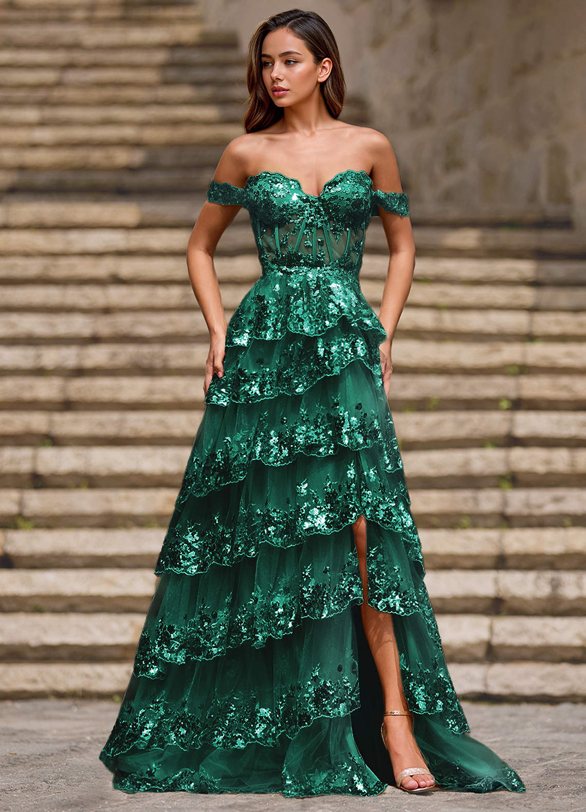 Glitz Green Ruffled A-Line Prom Dress  Dress