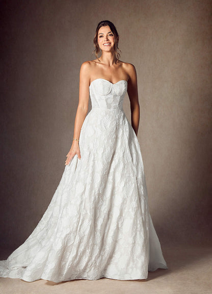 Diamond White Ball-Gown Strapless Floral Burnout Jacquard Dress