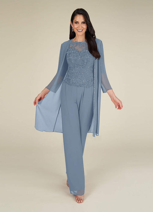 Dusty Blue Jumpsuit/Pantsuit Sequins Chiffon Dress