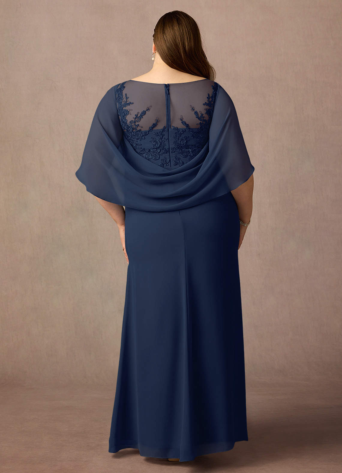 Dark Navy A-Line Lace Capelet Chiffon Dress