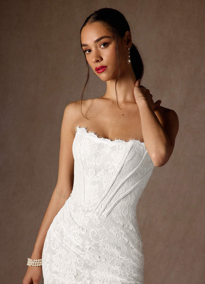 Diamond White Sheath Strapless Lace Dress