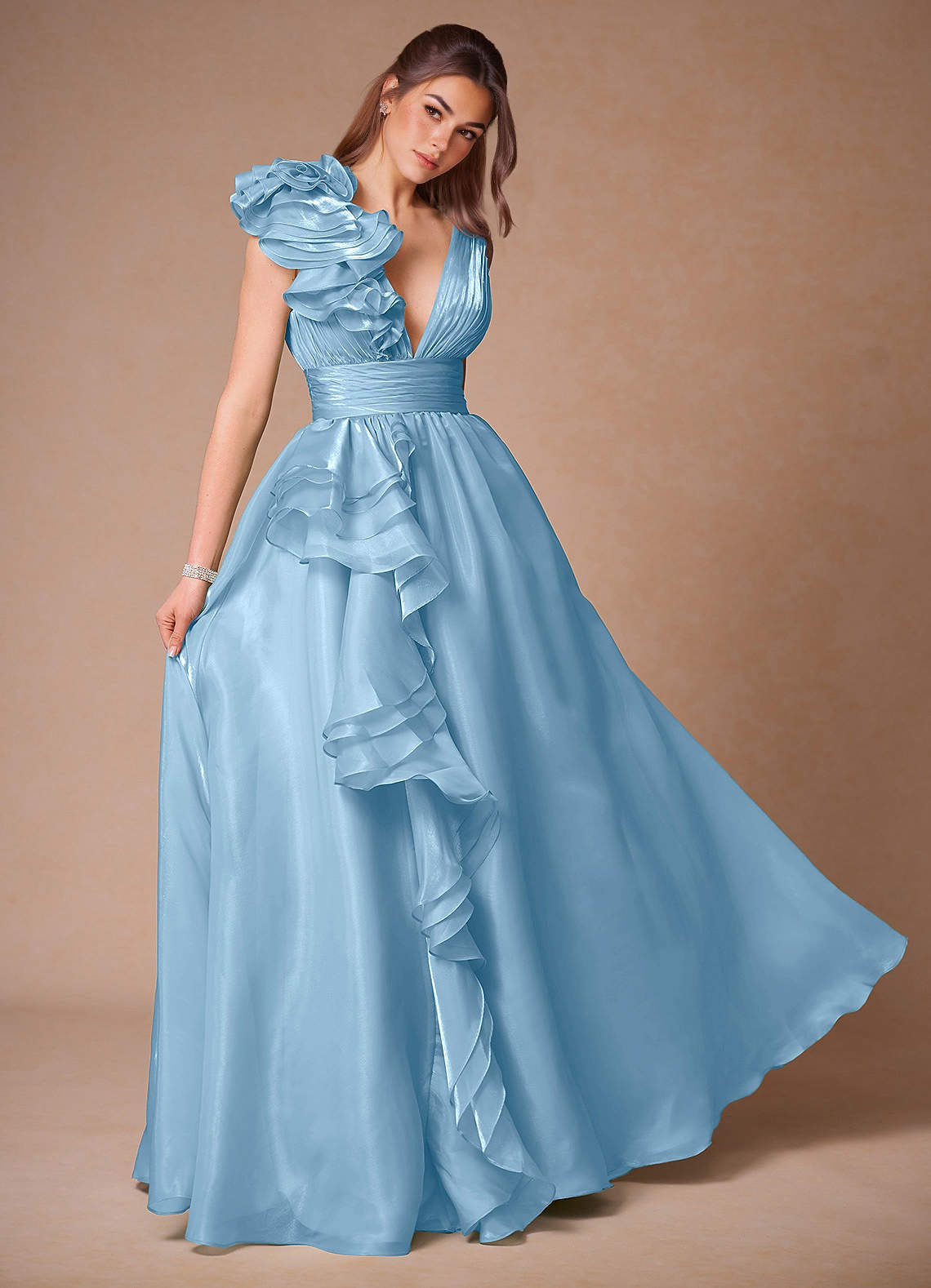 Vespera Mint Blue Ruffles Gown  Dress