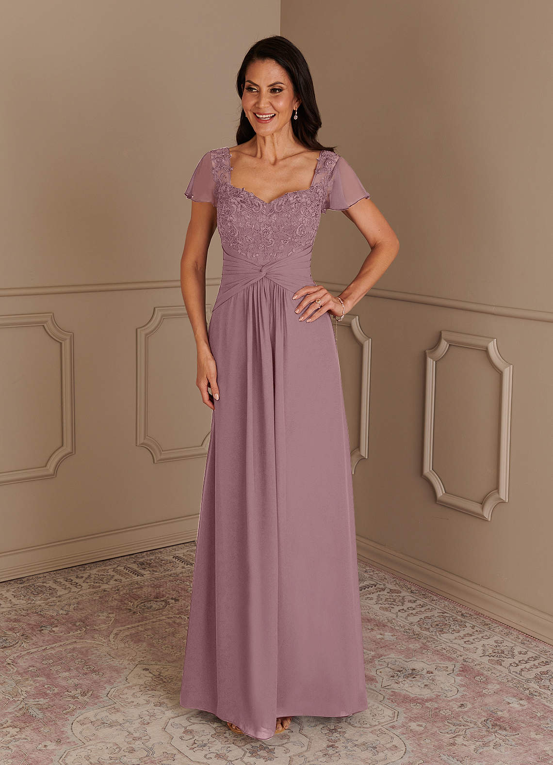 Dusty Rose A-Line Lace Chiffon Dress